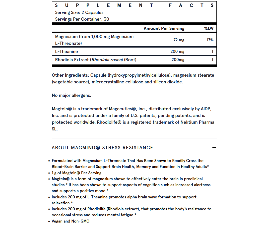 MagMind Stress Resistance 60 Capsules Magnesium L Threonate With